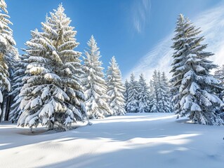 Naklejka premium Snowy winter landscape features tall pine trees blanketed in snow under a clear blue sky at midday