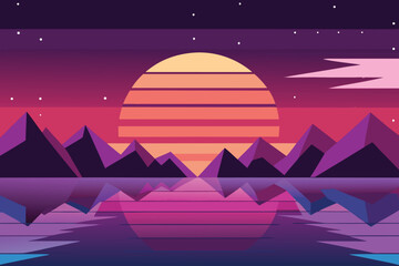 Retro sunset over geometric mountains reflected in water