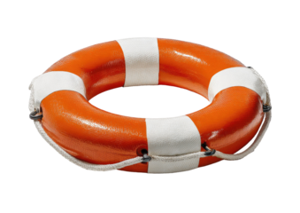 Orange and white life preserver, showing a circular design, ready for emergencies