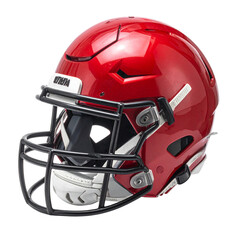 Fototapeta premium Red and blue American football helmet with protective mask and equipment isolated on white background for sport and game team competition