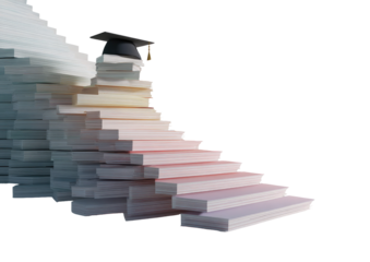 Conceptual image of knowledge; steps formed by books, leading to a graduation cap