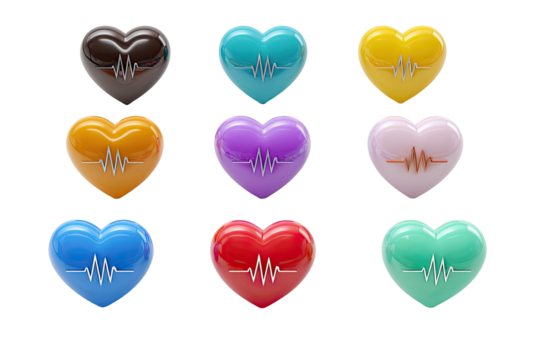Nine shiny, colorful hearts with ECG lines against black. 3D rendered, modern