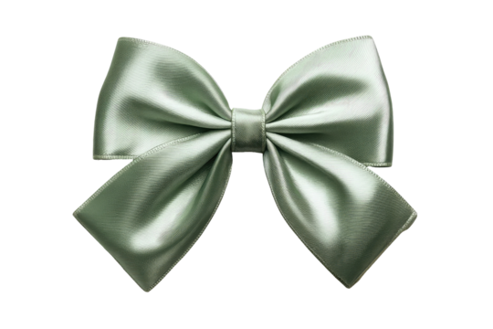 A lustrous, sage-green satin bow, tied in a classic shape, rendered against black