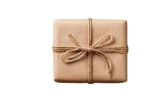 A neatly wrapped square package in brown paper, tied with twine and a decorative bow, isolated