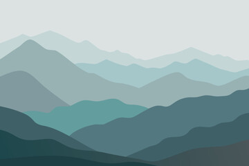 Serene layered mountain landscape in cool blue and green tones