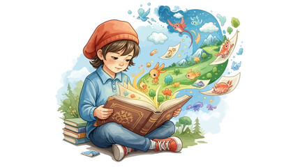 Whimsical Watercolor of a Child Reading, Sparking Imagination