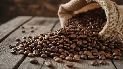 A Burlap Sack Spills Roasted Coffee Beans onto a Rustic Wooden Table Creating an Aromatic and Inviting Scene for Morning Brew Enthusiasts Around the World