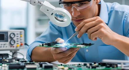 An electronics engineer wearing safety glasses uses tweezers to work on a green circuit board under a magnifying lamp