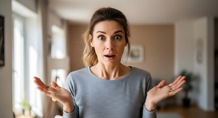 A portrait of a surprised woman with wide eyes and an open mouth, looking at the camera with a shocked expression while gesturing in disbelief inside her home