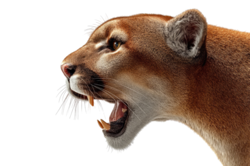 A detailed profile shot of a mountain lion, snarling with sharp teeth against a void backdrop