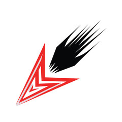 Dynamic abstract red arrow streaking across a white background with a subtle black shadow effect creating a sense of motion and depth