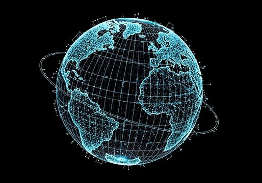 Digital wireframe globe with glowing blue grid and orbital rings against black background