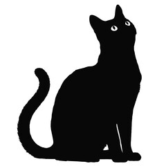 Elegant black cat silhouette sitting upright with eyes looking upwards on a clean white background for design projects