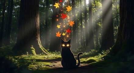 A black cat sits amidst falling leaves bathed in sunlight within a dense forest setting