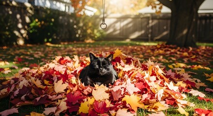 A black cat rests in a pile of autumn leaves under a sunlit backyard