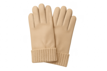 Pair of beige leather winter gloves with knit cuffs