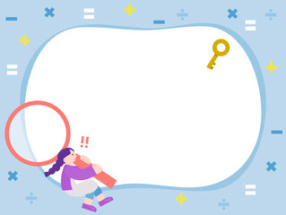 虫眼鏡を持って驚く女の子の見出し用フレームイラスト（算数・学び・計算のイメージ）