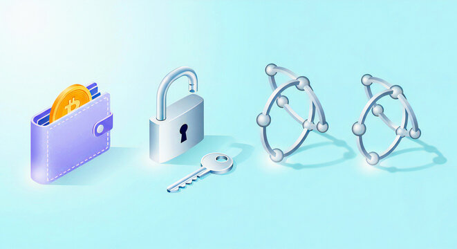 Cryptocurrency wallet with Bitcoin, unlocked padlock, key and DNA strands digital currency