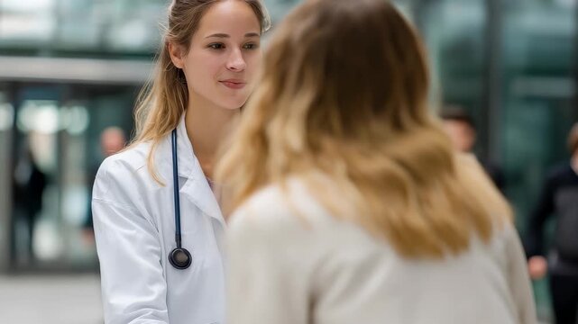 Female doctor happily shaking hands with a patient in a modern medical facility during a consultation
