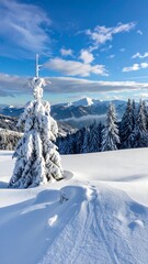 Snow-covered evergreens dominate a serene winter landscape under a bright blue sky