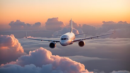 Majestic commercial passenger jet aircraft soaring through a breathtaking sky filled with golden hour clouds during a serene twilight flight