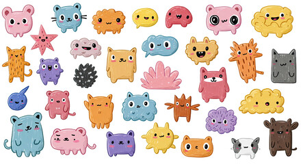Naklejka premium Cute colorful monster illustrations with various shapes and facial expressions, perfect for kids' designs and playful projects