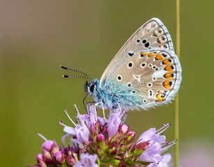 Obraz premium Side profile of a small, patterned butterfly on a light purple flower
