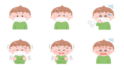 体調不良の男の子のイラストセット
