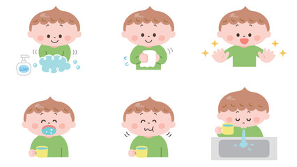 手洗い･うがいをする男の子のイラストセット