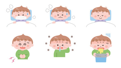 体調不良の男の子のイラストセット