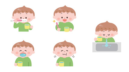 ハミガキ･うがいをする男の子のイラストセット