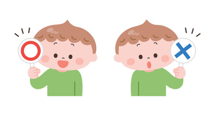 マル･バツの札を持つ男の子のイラスト