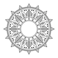 Intricate black and white mandala design with leaf motifs