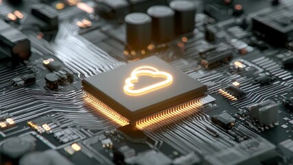 Conceptual depiction of data storage technology featuring a cloud upload symbol on a circuit board - Powered by Adobe