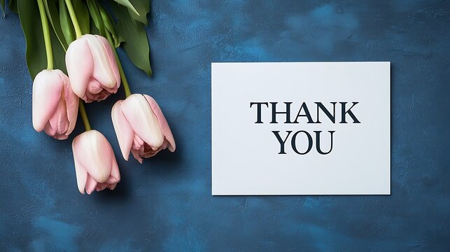 A beautiful arrangement of pink tulips alongside a "Thank You" card on a textured blue background, conveying gratitude and appreciation.
