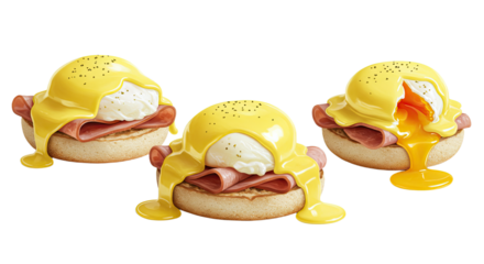 Delicious eggs Benedict with hollandaise sauce and ham on English muffins, classic breakfast dish perfect for brunch menus
