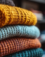 Fototapeta premium Cozy Stack of Knitted Sweaters in Warm Autumn Hues, Textured Fabric Close-Up.