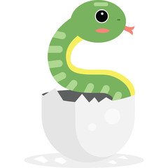 Cute green snake hatching from a white egg with a yellow stripe down its back and a transparent background