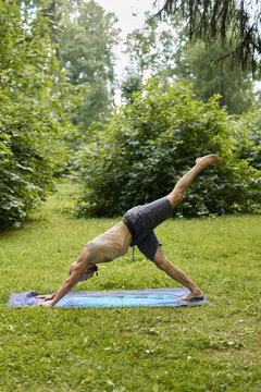 Practicing yoga outdoors in a serene green setting