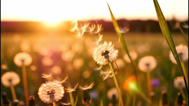 Dandelion seeds blowing in the wind during a golden hour sunset. Cinematic close-up of a flower in a summer meadow with floating seeds. Freedom and change concept
