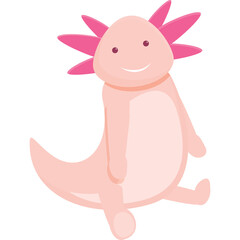 Cute pink axolotl amphibian creature with bright pink frilly gills and a happy smiling face sitting on a transparent background looking playful and adorable