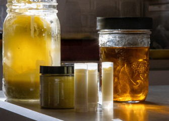 Homemade herbal salves and oils lit by window light