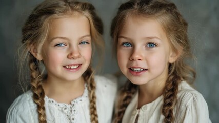 Happy funny sisters twins enjoying a joyful moment with bright smiles and playful expressions in a cozy indoor setting