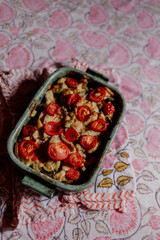 Cozy dinner table with soup, salad, and fried patties