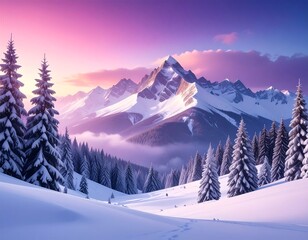 Snow-covered landscape with mountains under a vibrant, pastel sky