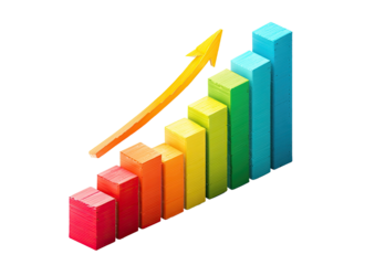 Colorful 3D bar graph with upward-pointing arrow illustrating growth and positive trends