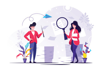 Two People with Magnifying Glass and Pointer illustration