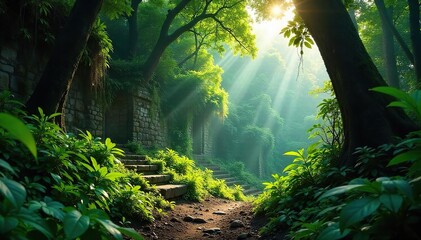 Sunlight Dapples Through Lush Mayan Rainforest Canopy, Revealing Partially Obscured Ancient Ruins in Belize; A Sense of Mystery and Untouched Nature