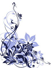Elegant Floral Corner Ornament with Swirling Vines and Leaves – Decorative Botanical Vector Design in Blue and Purple Tones, Perfect for Invitations, Frames, or Backgrounds