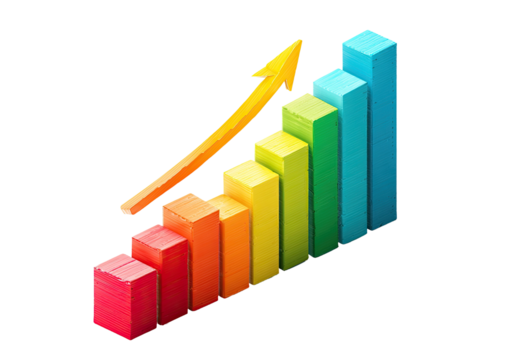 Colorful 3D bar graph with upward-pointing arrow illustrating growth and positive trends